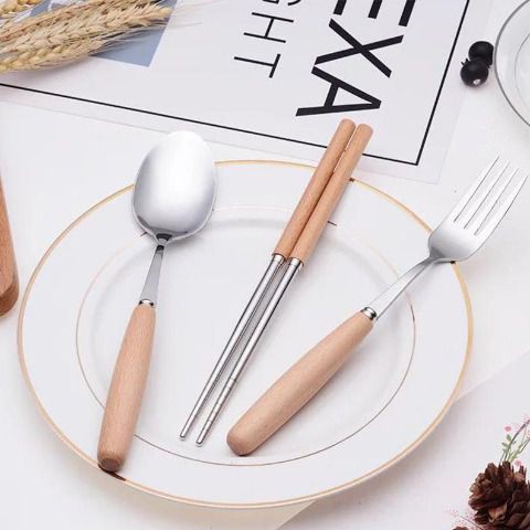 [Sale hủy diệt] BỘ THÌA ĐŨA DĨA INOX CÁN GỖ LÚA MẠCH.VM