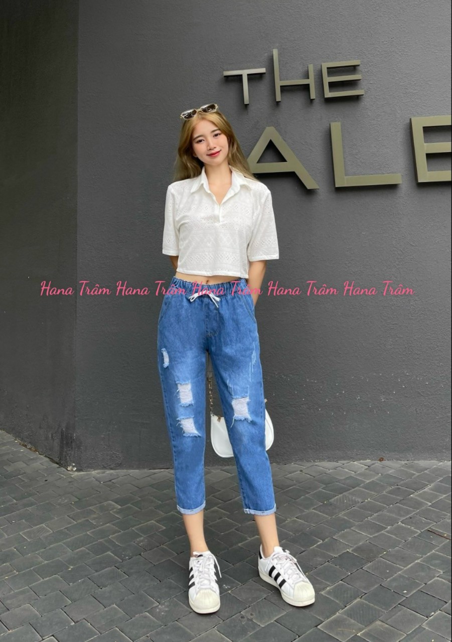 Quần Baggy Jean Nữ Lưng Thun Mẫu Rách Ảnh Chụp Thật Dành Cho Bạn Gái Từ 35Kg Đến 65Kg