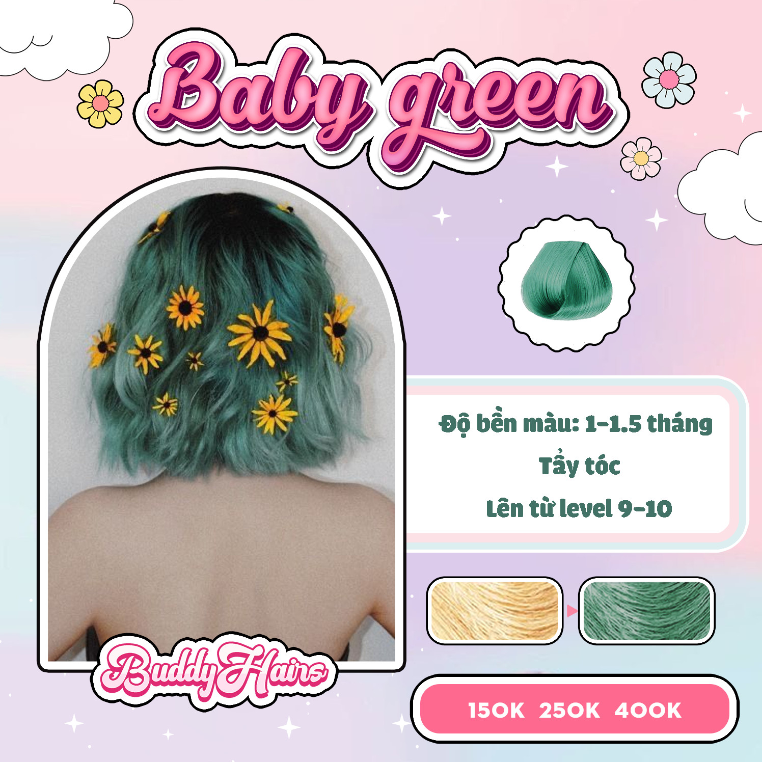 Thuốc nhuộm tóc baby green/green pastel/xanh rêu nhạt mang đến cho bạn một phong cách mới mẻ và nổi bật. Với cách sử dụng đơn giản và thành phần tự nhiên, bạn sẽ tự tin khoe vẻ đẹp mới trên bức ảnh như một người mẫu chuyên nghiệp.