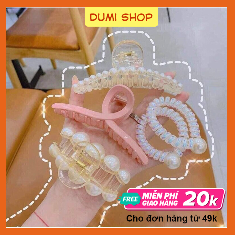 Set kẹp tóc ngọc trai 5 món kèm túi zip sang chảnh - cột tóc kẹp tóc ngoạm - kẹp tóc càng cua