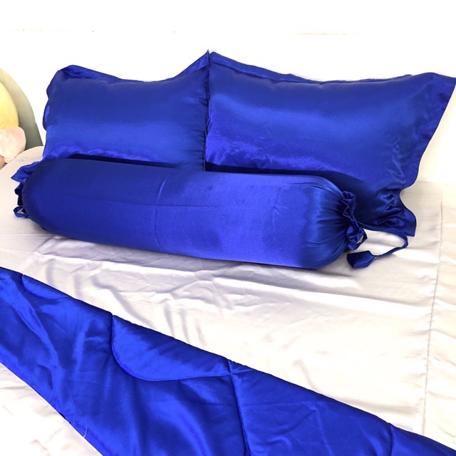( Lụa Loại 1) Bộ 4 Món Ga Gối Phi Lụa Màu Xanh Coban Cao Cấp Mềm Mại Lan Pham Bedding