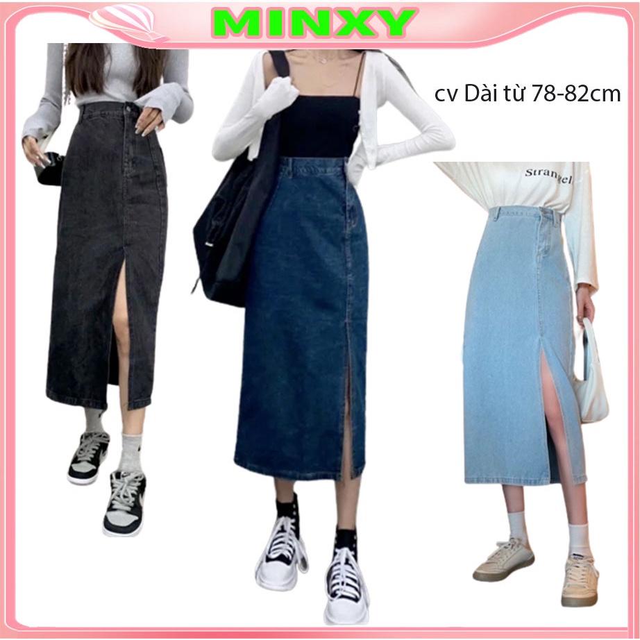 Chân váy jean triết ly cv bò dáng dài xẻ tà cạp cao hách dáng mẫu mới nhất-Minxy shop