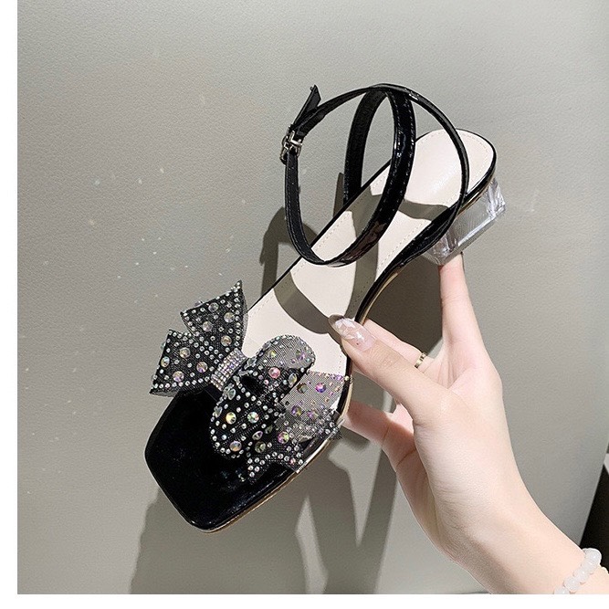 Giày sandal nữ cao gót vuông trong 5p quai kết nơ lưới đính đá màu - SD105