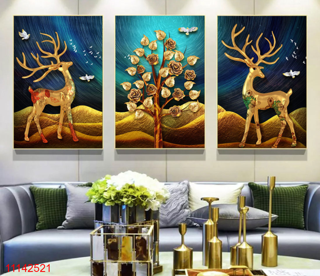 Tranh dán tường phòng khách hươu vàng 3D  -Tranh décor phong cách hiện đại