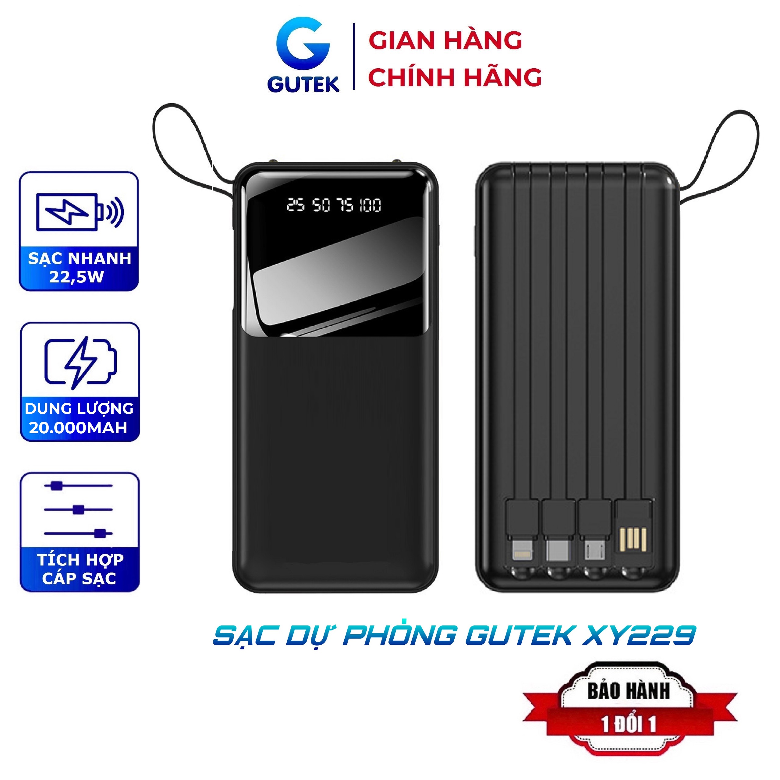 Sạc dự phòng 20000mAh Gutek XY229 pin dung lượng lớn tích hợp dây sạc nhanh cho nhiều thiết bị điện thoại