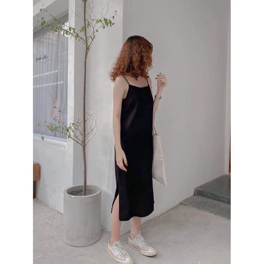 {EVACICI} Váy xuông chất đũi lụa trơn 2 dây basic nữ