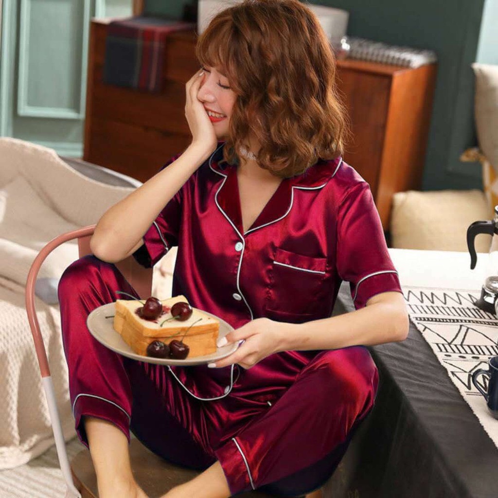[ RẺ VÔ ĐỊCH ] Bộ Lụa Mặc Nhà Nữ Trơn Cộc Tay Quần Dài Chất Lụa Siêu Mềm ( Hàng Luôn Sẵn) B690