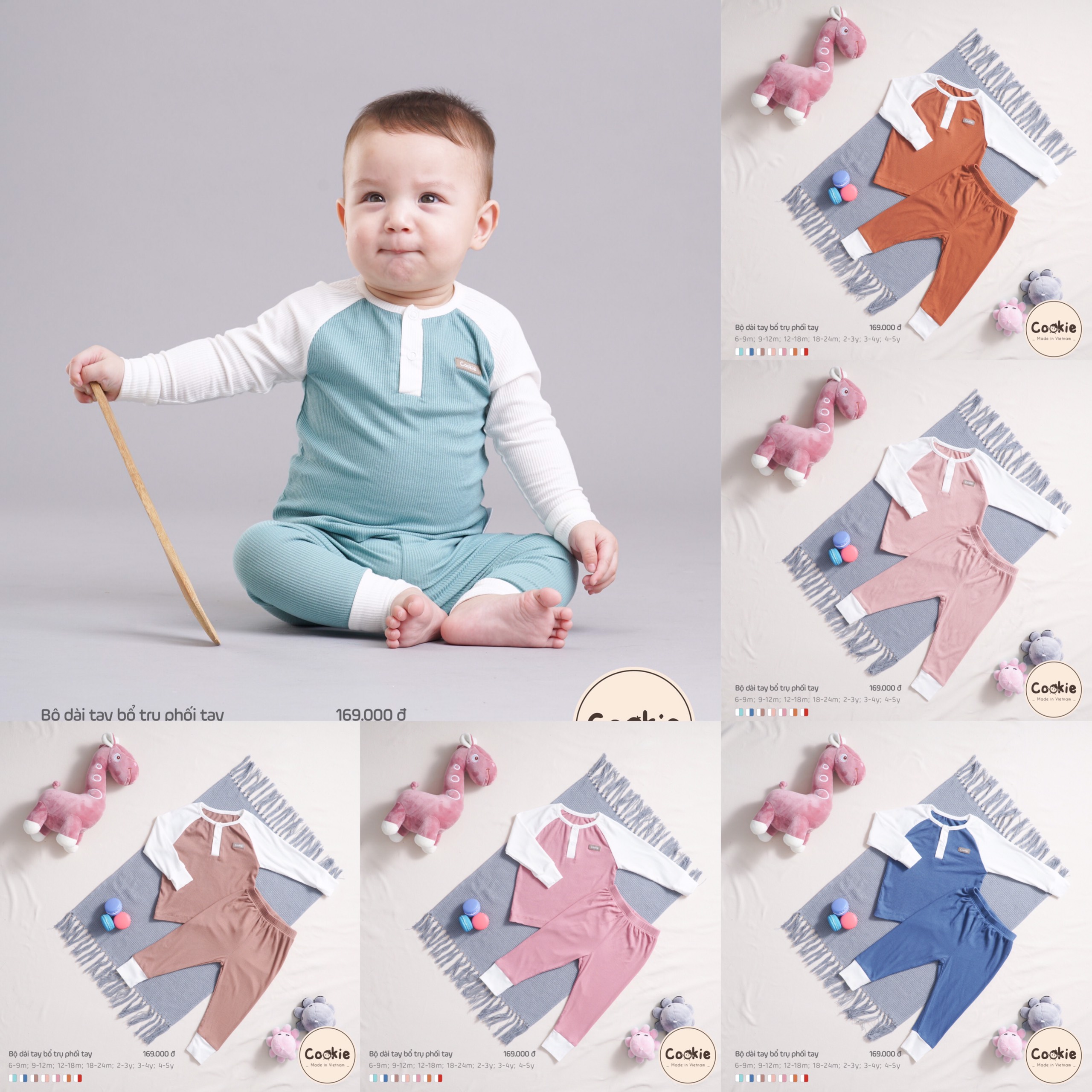 CHÍNH HÃNG Bộ dài tay bổ trụ phối tay trắng họa tiết trẻ em Cookie