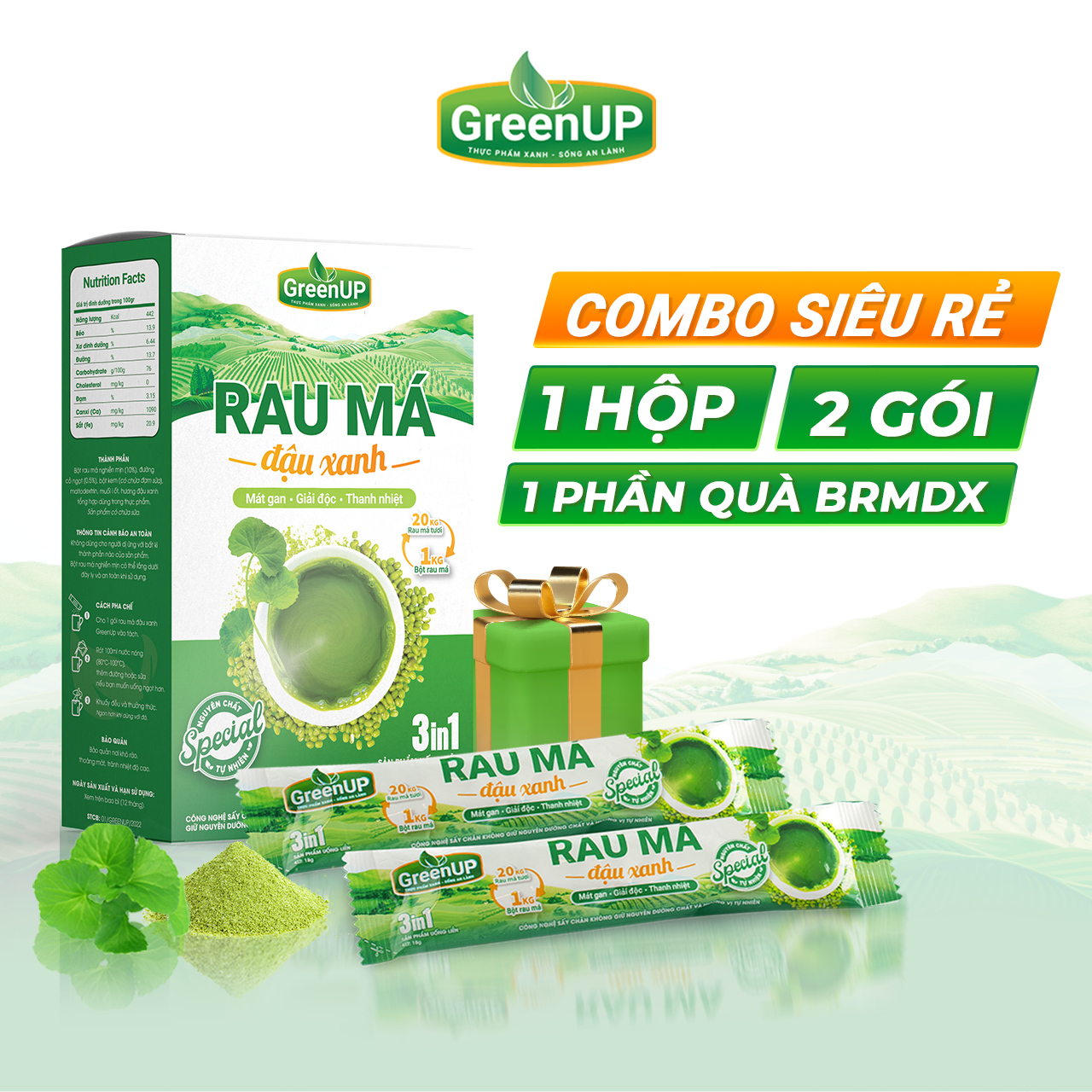 Combo bột rau má đậu xanh - 1 hộp 2 gói 1 phần quà - rau má tươi nguyên chất giúp da sáng dáng xinh - rmdxcb