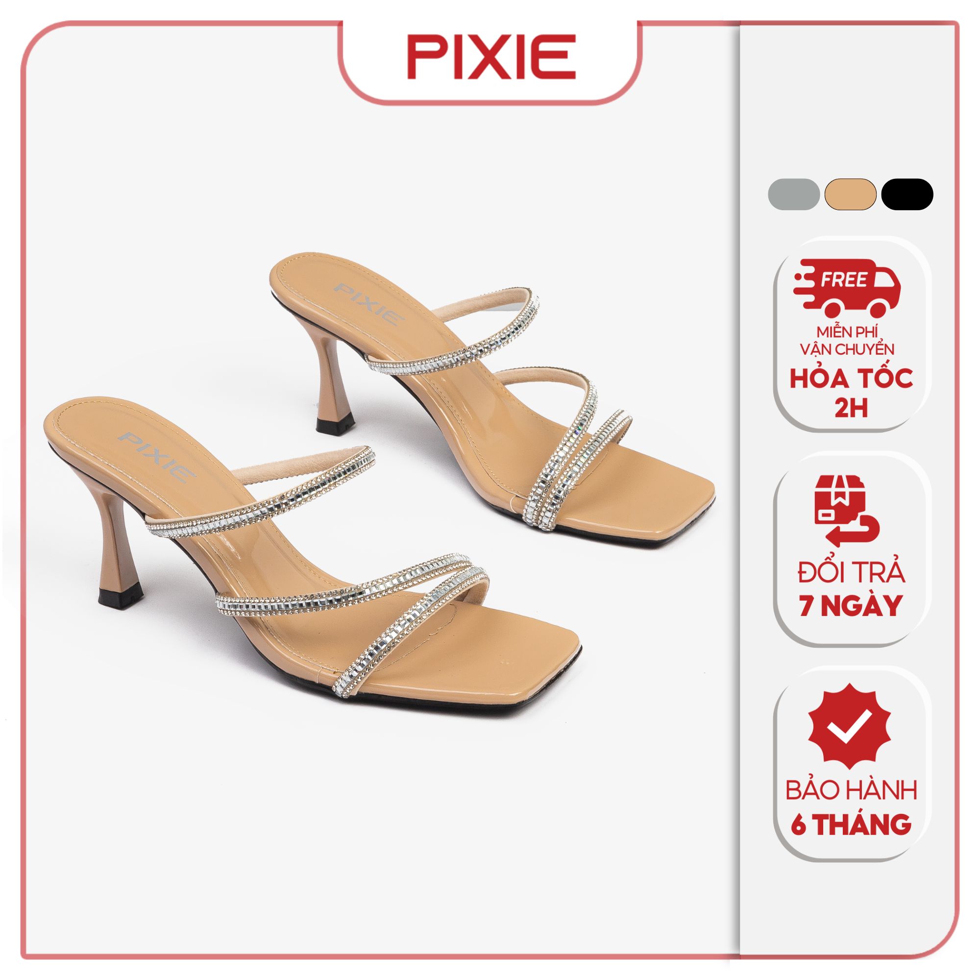 Guốc Cao Gót 7cm Quai Mảnh Đính Đá Pixie E171
