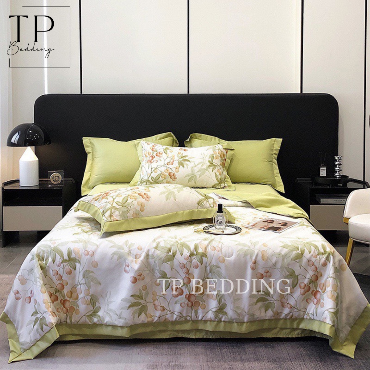 Bộ chăn ga gối phi lụa cao cấp thêu họa tiết Genji Decor