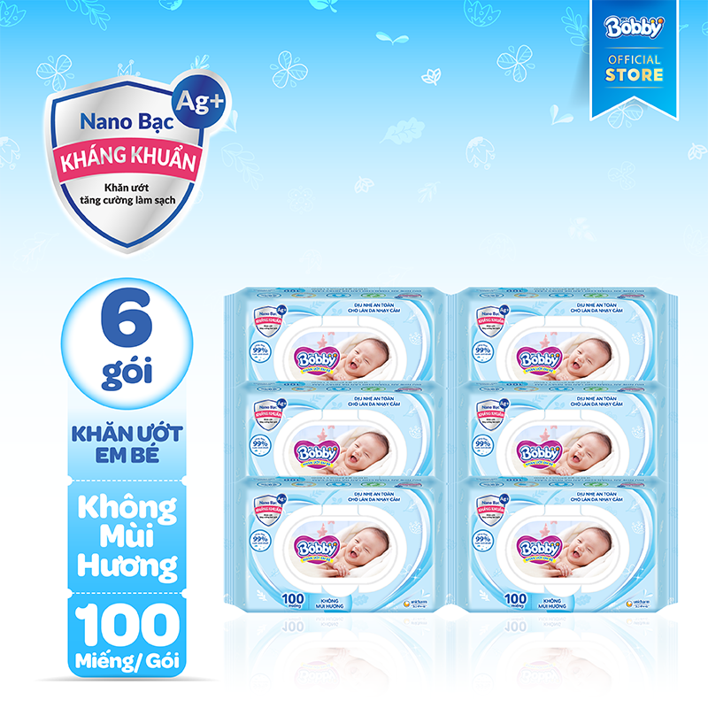 Bộ 6 gói khăn giấy ướt trẻ em Bobby Care Nano Bạc Kháng Khuẩn không mùi hương 100 miếng