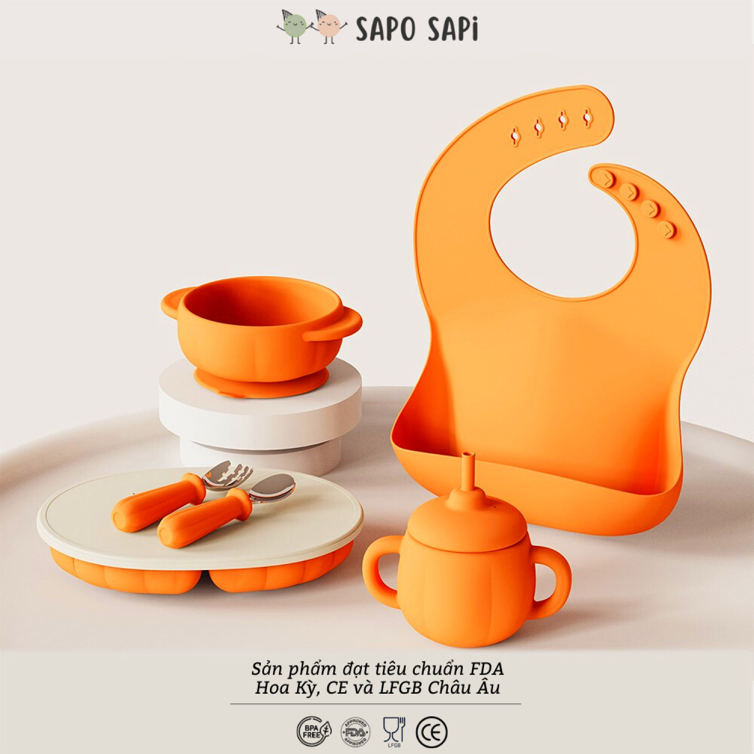Bộ ăn dặm silicon bạch kim - happy mealtime 6 món - pumkin