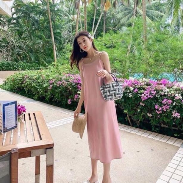 HT21D1 - Đầm maxi hở lưng cột dây nơ - Đầm cami 2 dây chất đũi lụa Có Đủ Size