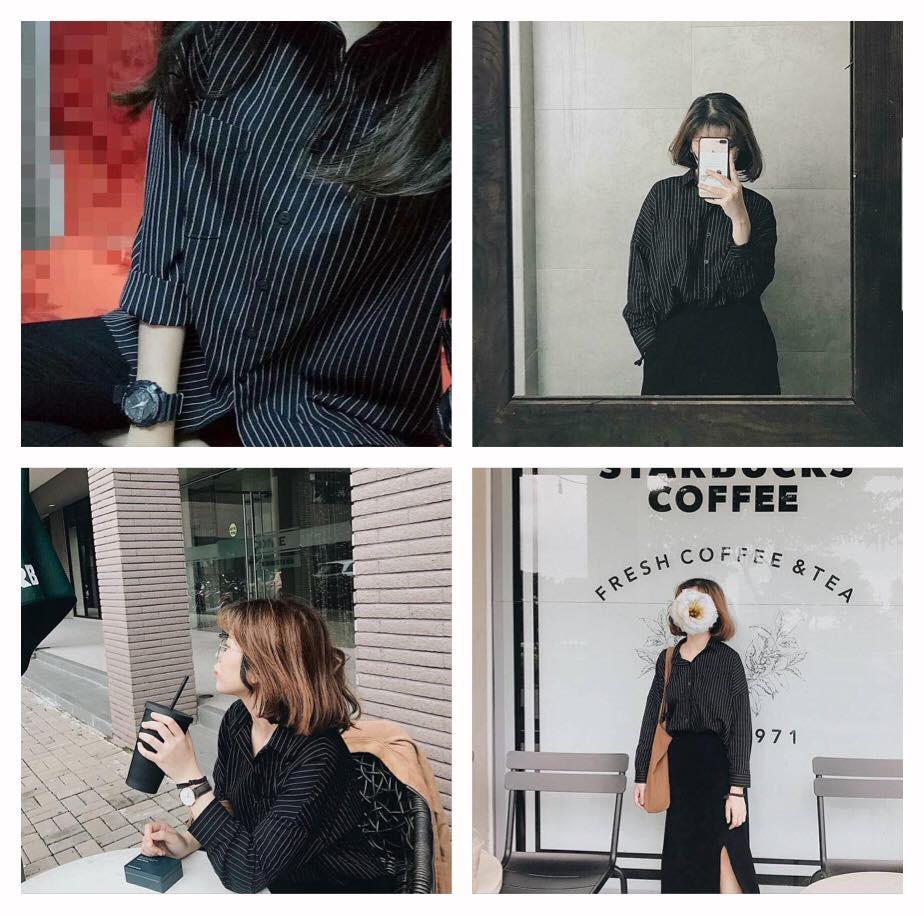 Sơ mi sọc đen oversize.