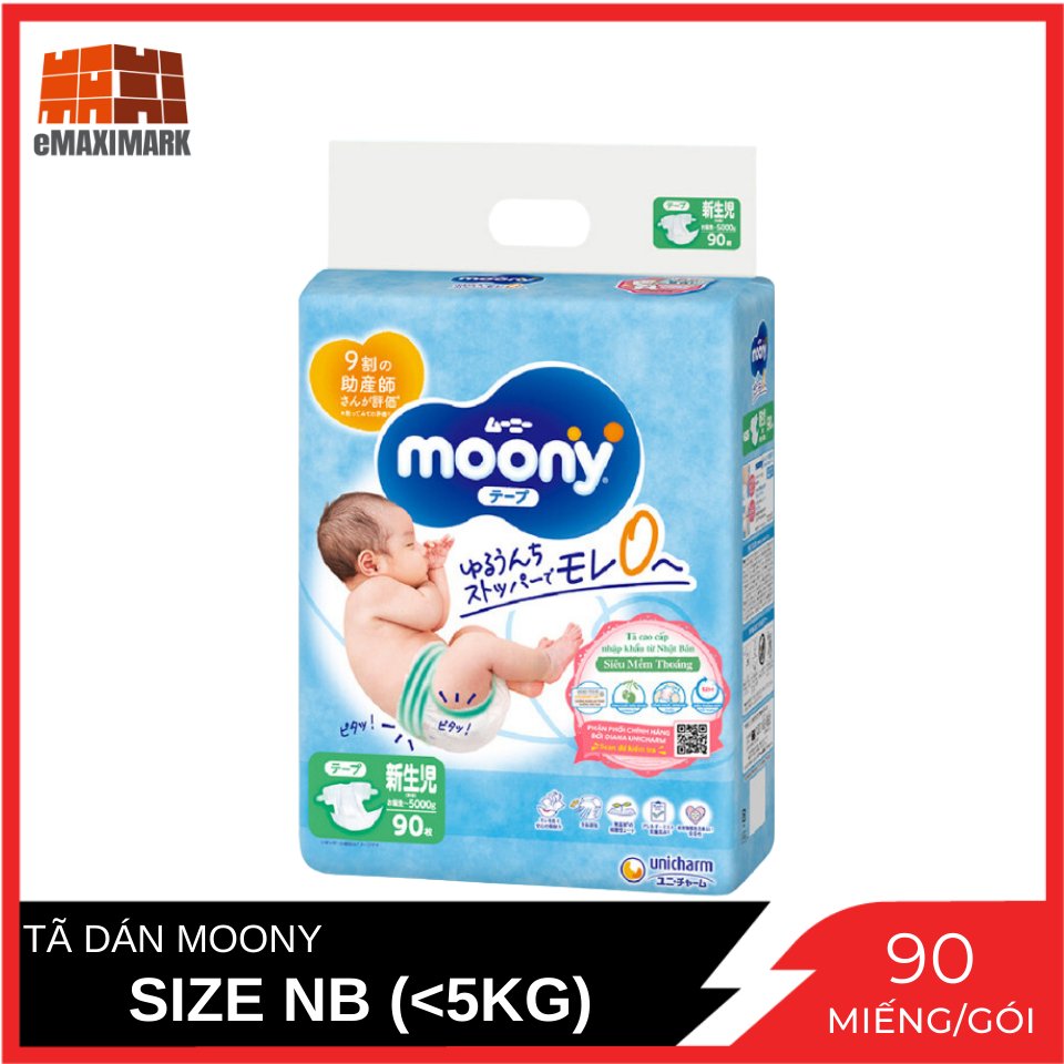 Tã dán sơ sinh moony cao cấp size nb gói 90 miếng