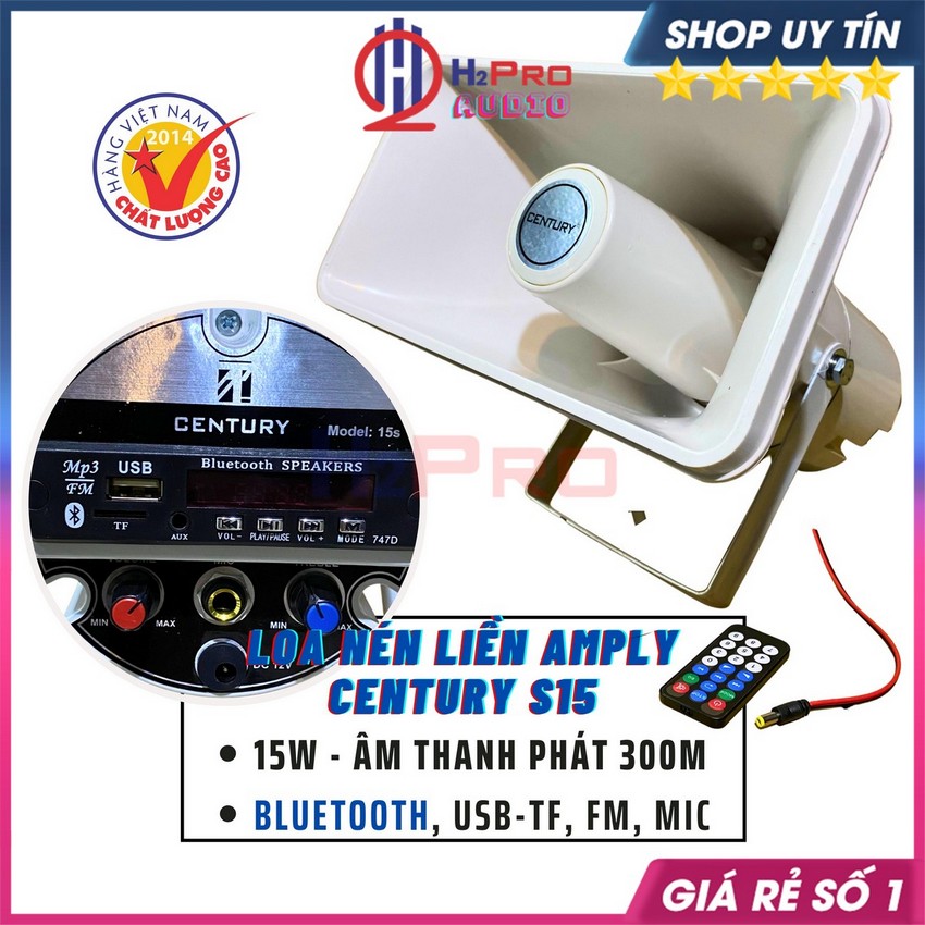 Loa Nén Liền Ampli Century 15S Công Suất Cao 15W Vang Xa 300M, 12V-Bluetooth-Usb Tiện Dụng Cho Bán Hàng Rong-H2Pro Audio