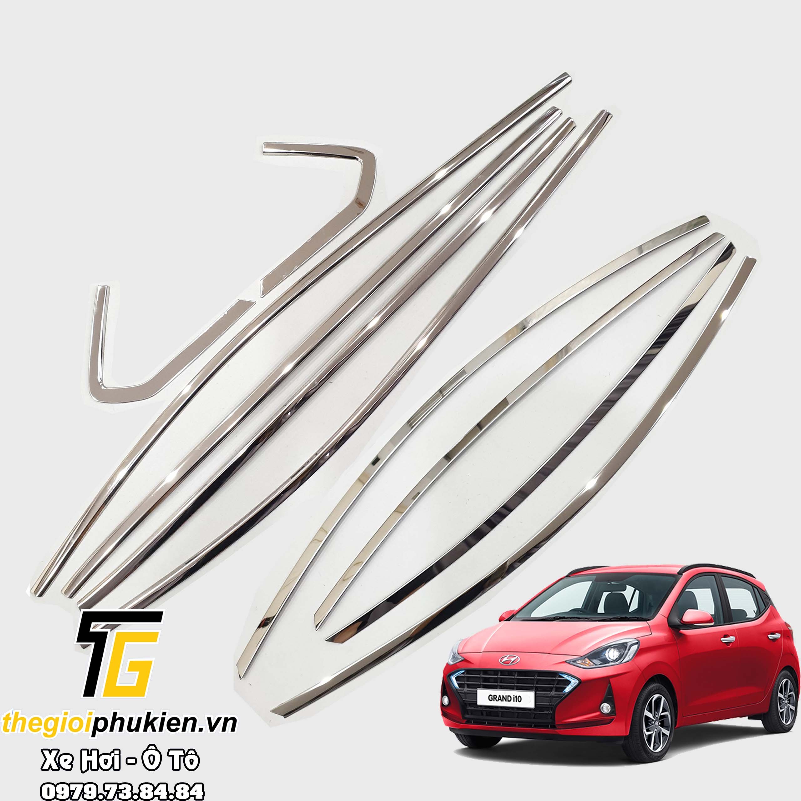 Bộ nẹp viền cong kính, chân kính inox hyundai grand i10 2021
