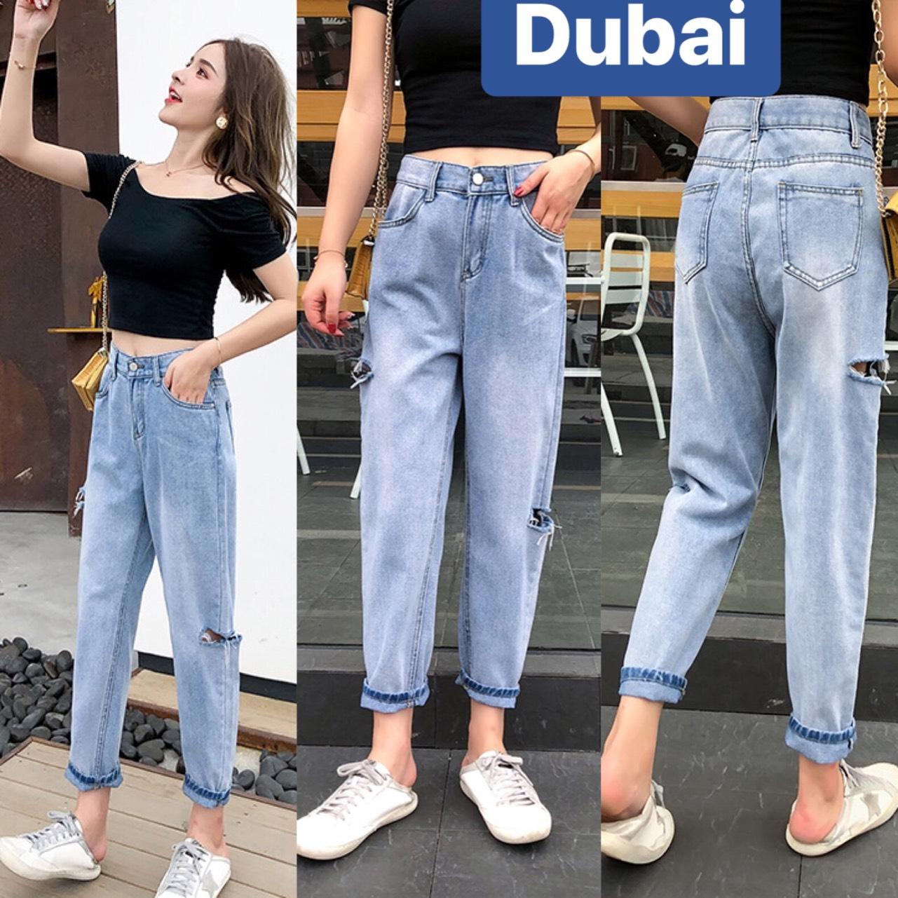 QUẦN BAGGY JEAN NỮ CHẤT BÒ XANH BIỂN RÁCH MÉP LƯNG CAO NÂNG MÔNG HÀN QUỐC DB-205 CAO CẤP - DUBAI FASHION