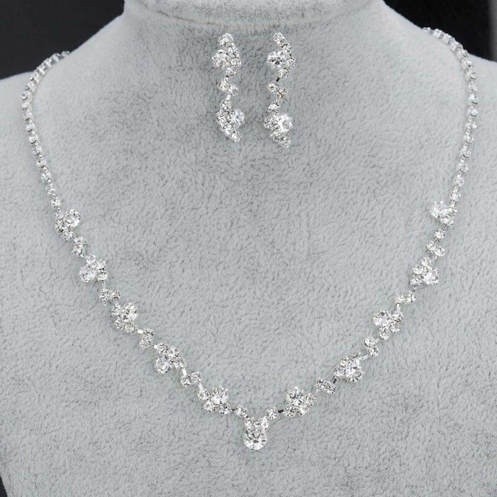 Fang Fang Chic Silver Crystal Bridal Bride Rinestone Necklace Earrings Wedding Jewelry Set
