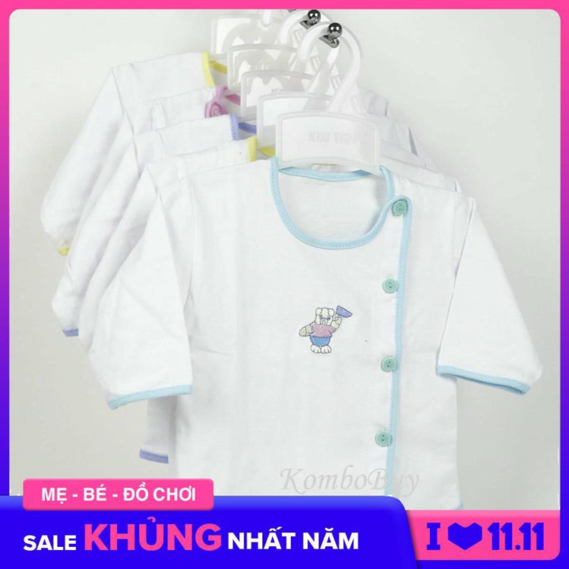 Bộ 5 áo sơ sinh An An tay dài màu trắng cúc lệch cho bé từ 0-9 tháng