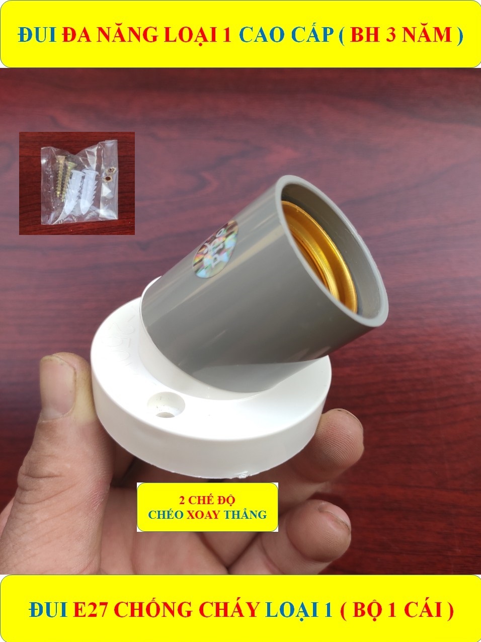 Đui đèn gắn tường (BH 3 NĂM) xoay đa năng 2 chế độ CHÉO và THẲNG cao cấp đui E27 (bộ 1 sản phẩm)