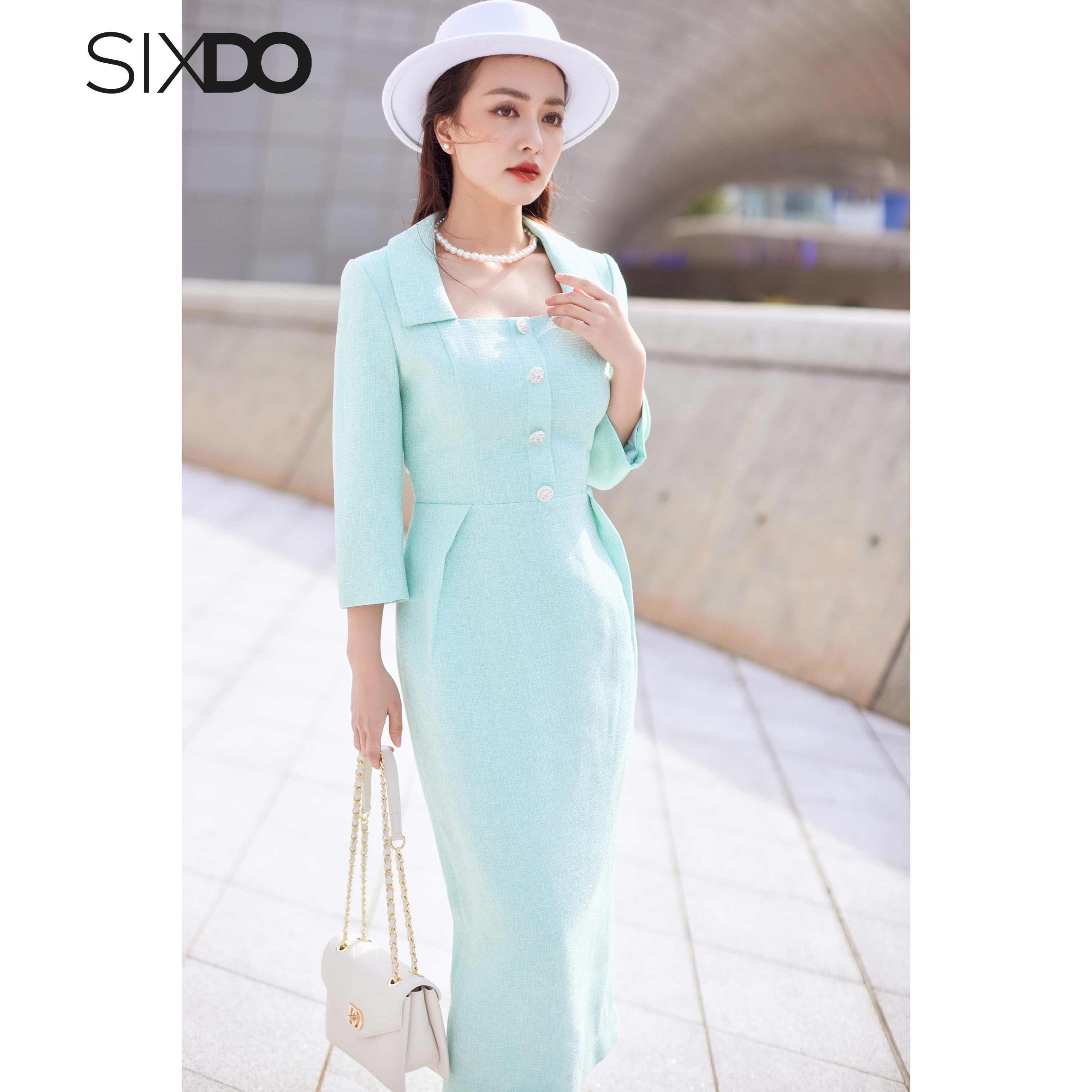 Đầm dạ tweed cổ vuông thời trang SIXDO (Mint Midi Tweed Dress)
