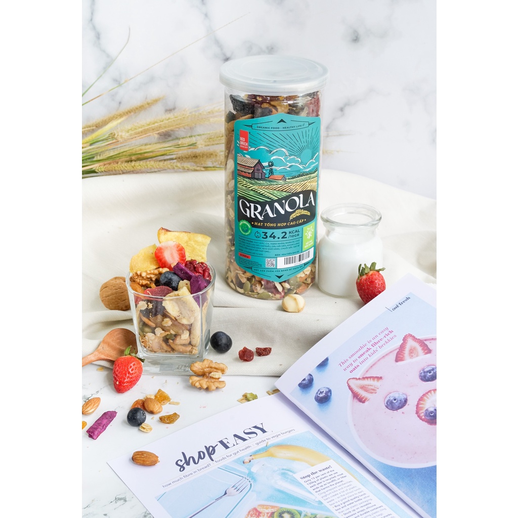 Granola cao cấp 500g mix 12 loại hạt óc chó macca ít yến mạch thương hiệu gạch đỏ chuẩn healthy