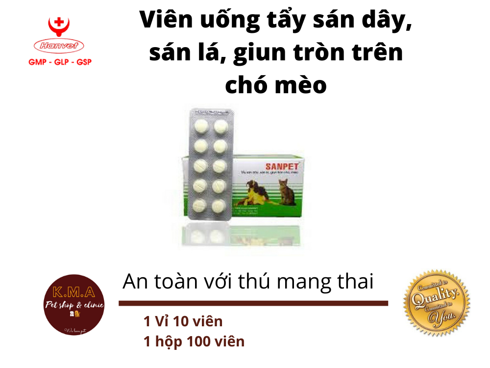 1 hộp 100 viên uống tẩy sán dây, sán lá, giun tròn trên thú cưng - Sanpet