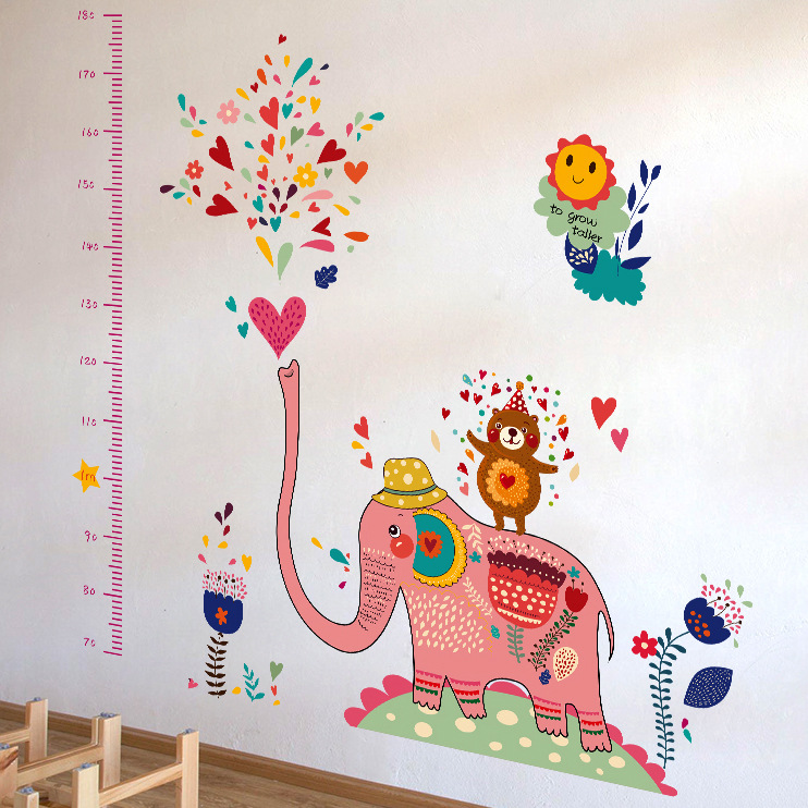 Decal dán tường đo chiều cao voi hồng SK9036