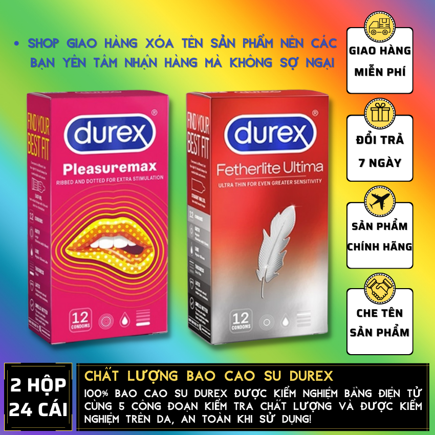 02 Hộp  Bao Cao Su Durex Pleasuremax gân gai + Durex Fetherlite siêu mỏng [Che tên sản phẩm]