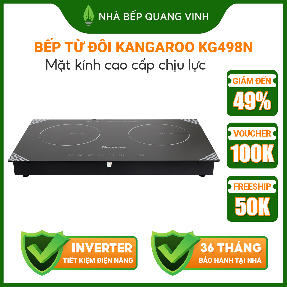 Bếp từ đôi Kangaroo  KG498N, Bếp điện từ invecter tiết kiệm điện-QUANG VINH