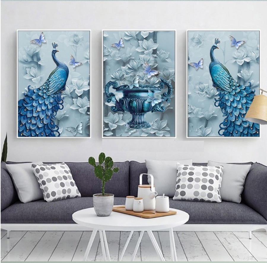 Lalashop - Tranh treo tường phong thủy có khung - Tranh Chim Công in 3D nghệ thuật hiện đại tranh phong thủy tài lộc chim công xanh nhiều kích thước peacock painting