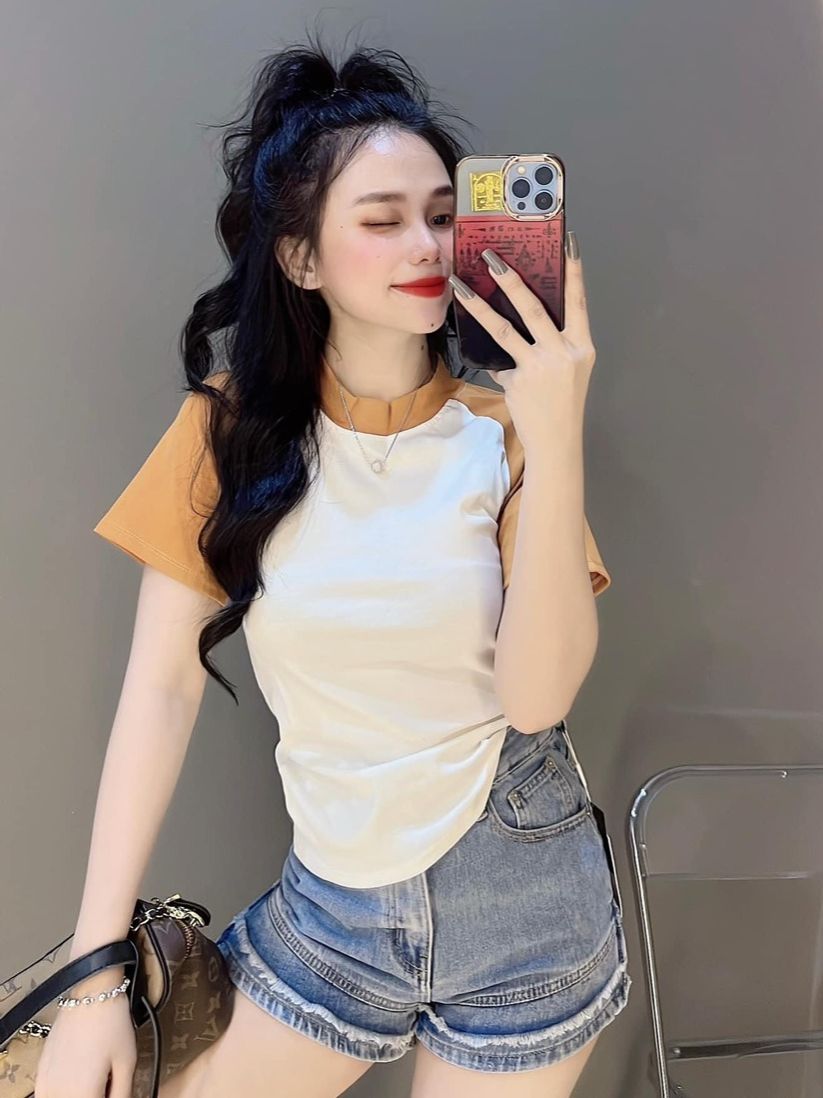 Áo thun nữ dáng ôm phối tay phom dài ( Mã Raglan dưới 55kg )