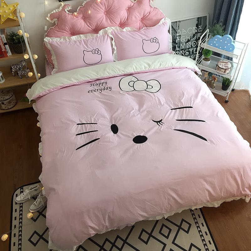 Thêu Hoa Hoạt Hình Hello Kitty Bộ Bốn Chiếc Bông Mềm Hello Kitty Giường Công Chúa Váy/Đơn 1.8m Trẻ Em Trên Giường Cung Cấp