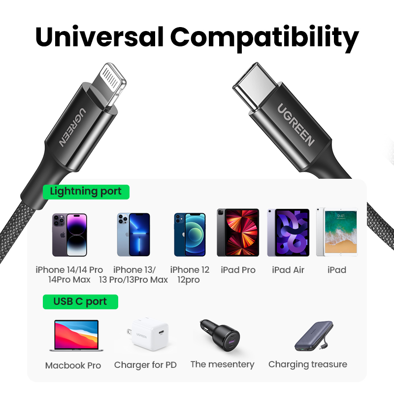UGREEN USB C to Lightning Cable MFi Certified Charging Cable for 14 Pro MAX 14 Plus 13 Pro Max, 12 Pro Max 11 11Pro 11ProMAX 8Plus Model:90590