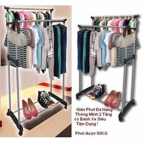Giàn phơi quần áo đôi lắp ráp 2 tầng inox cao cấp