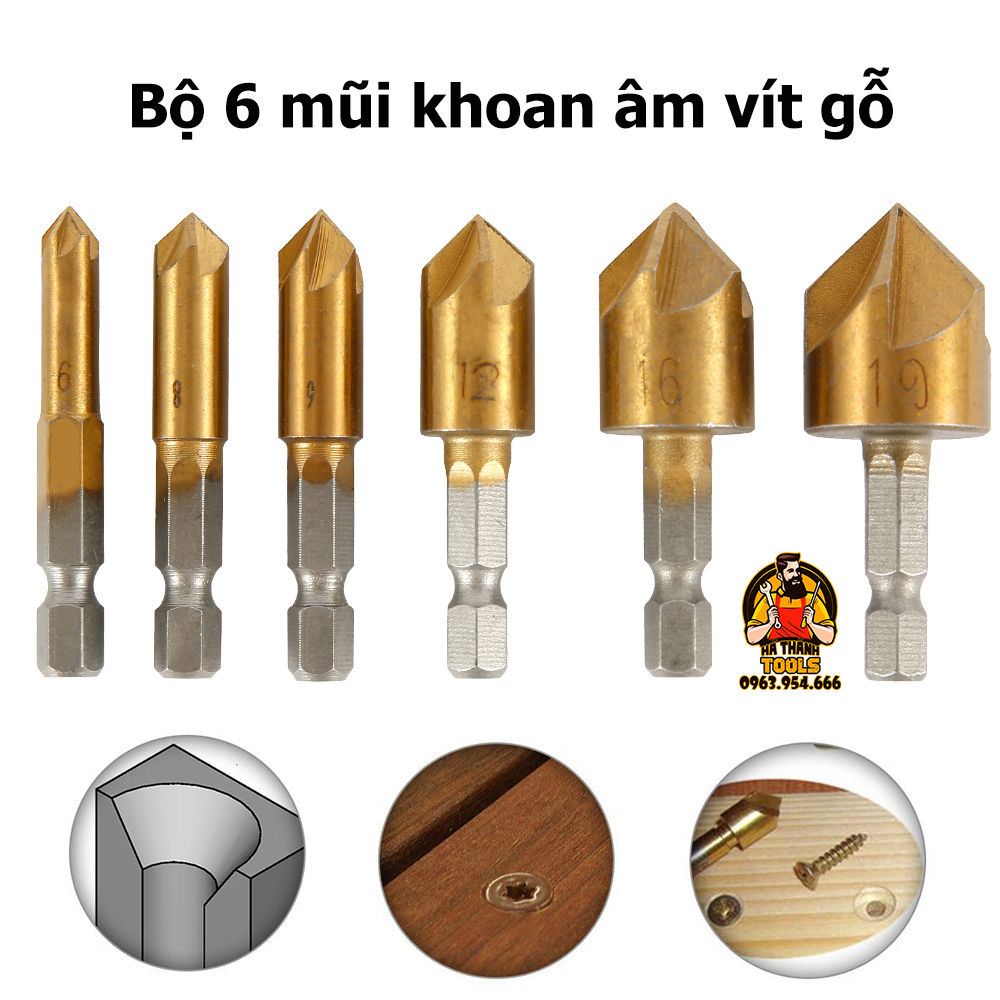 Bộ 6 Mũi Khoan Âm Vít Gỗ Phủ Titanium