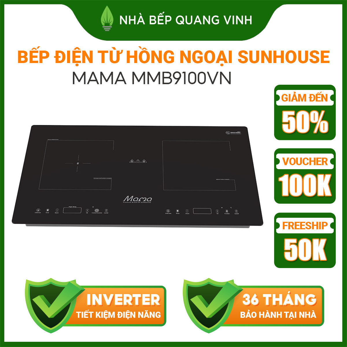 Bếp đôi điện từ hồng ngoại sunhouse mama mmb9100vn-quang vinh
