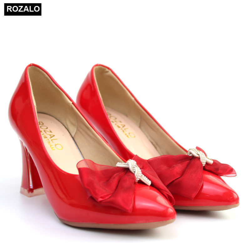 Giày cao gót 7P da bóng đính nơ Rozalo R5871 giá rẻ