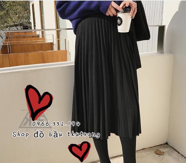 Chân váy bầu midi xếp ly lụa gân Thượng Hải - Đồ Bầu Xinh