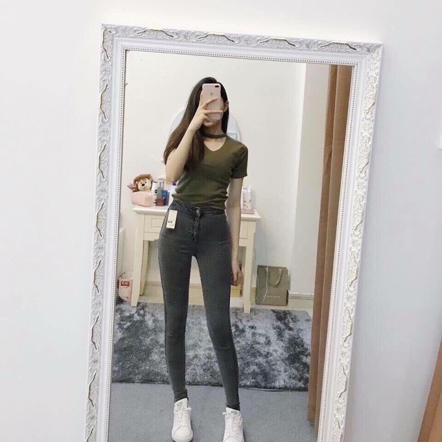 Quần bò trơn ôm cạp cao