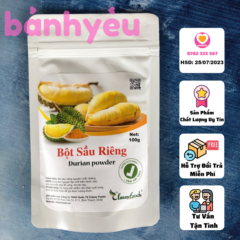 Bột dâu tây, sầu riêng/ Bột trái cây tự nhiên Classy Foods 100g tùy chọn