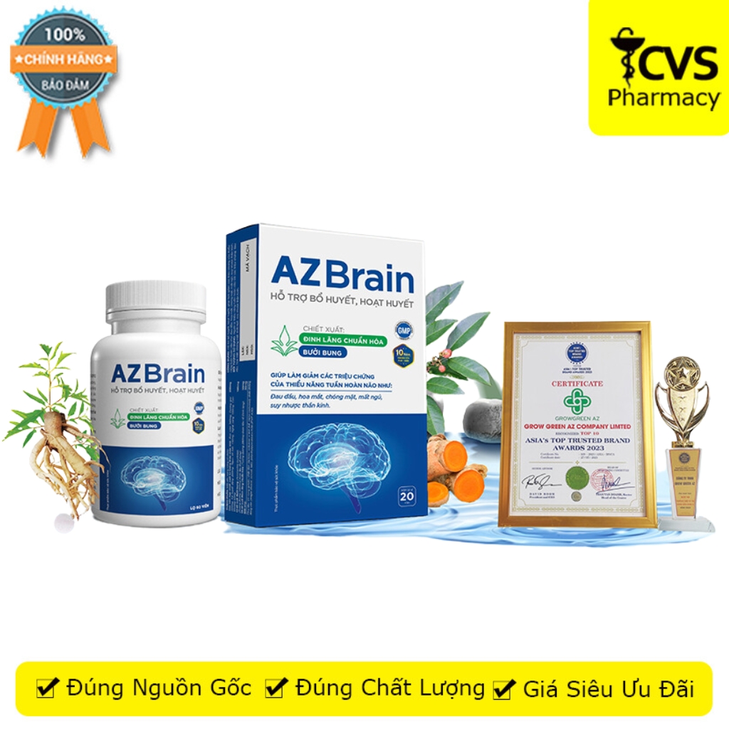 AZ Brain - Tăng tuần hoàn máu não, giảm chóng mặt, hoa mắt, mất ngủ, suy nhược thần kinh - Lọ 60 Viên - CVS Pharmacy