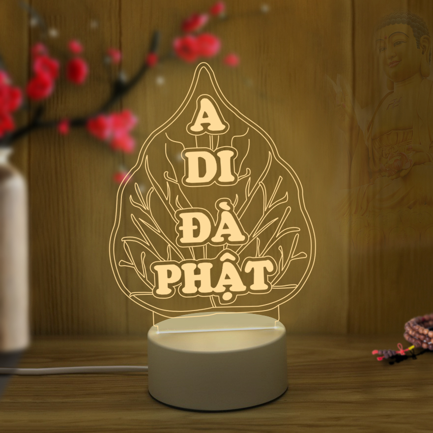 Đèn led 3D khắc chữ A Di Đà Phật hình lá bồ đề