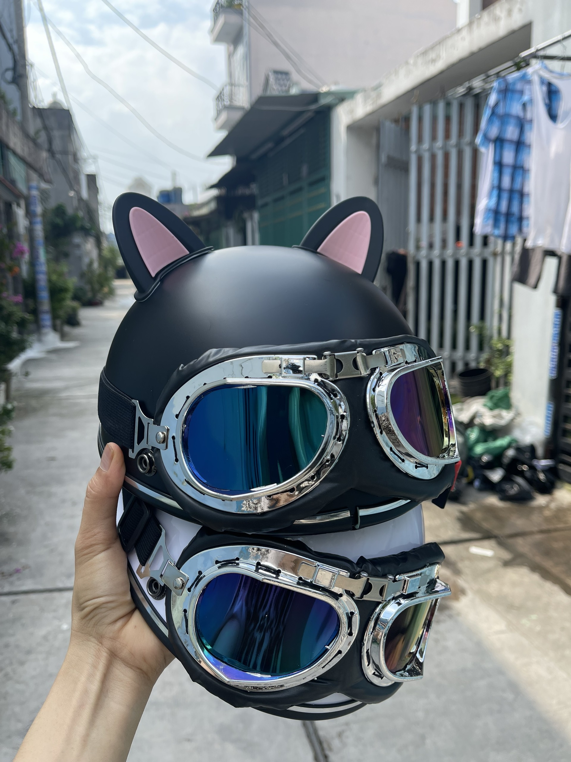 nón bảo hiểm phi công full phụ kiện ( tai mèo xịn+ kính phi công+lưỡi trai)
