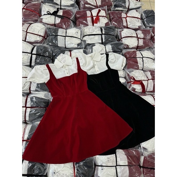 Váy Nhung Phối Cổ Dáng Sơ Mi Có BIGSIZE_Haxuanstore
