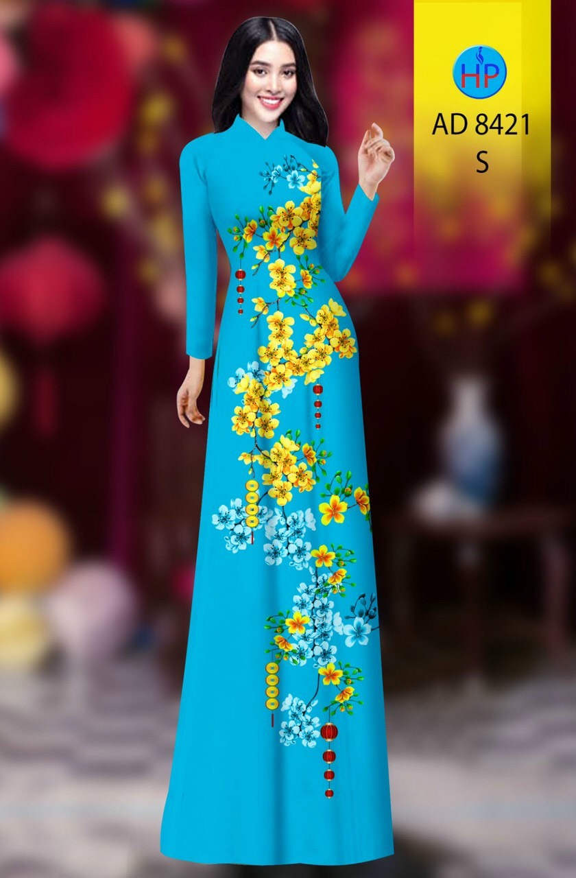 Lâm Hiền - Vải áo dài tằm ý in bông mai kèm quần cùng chất áo, áo dài tết 8421