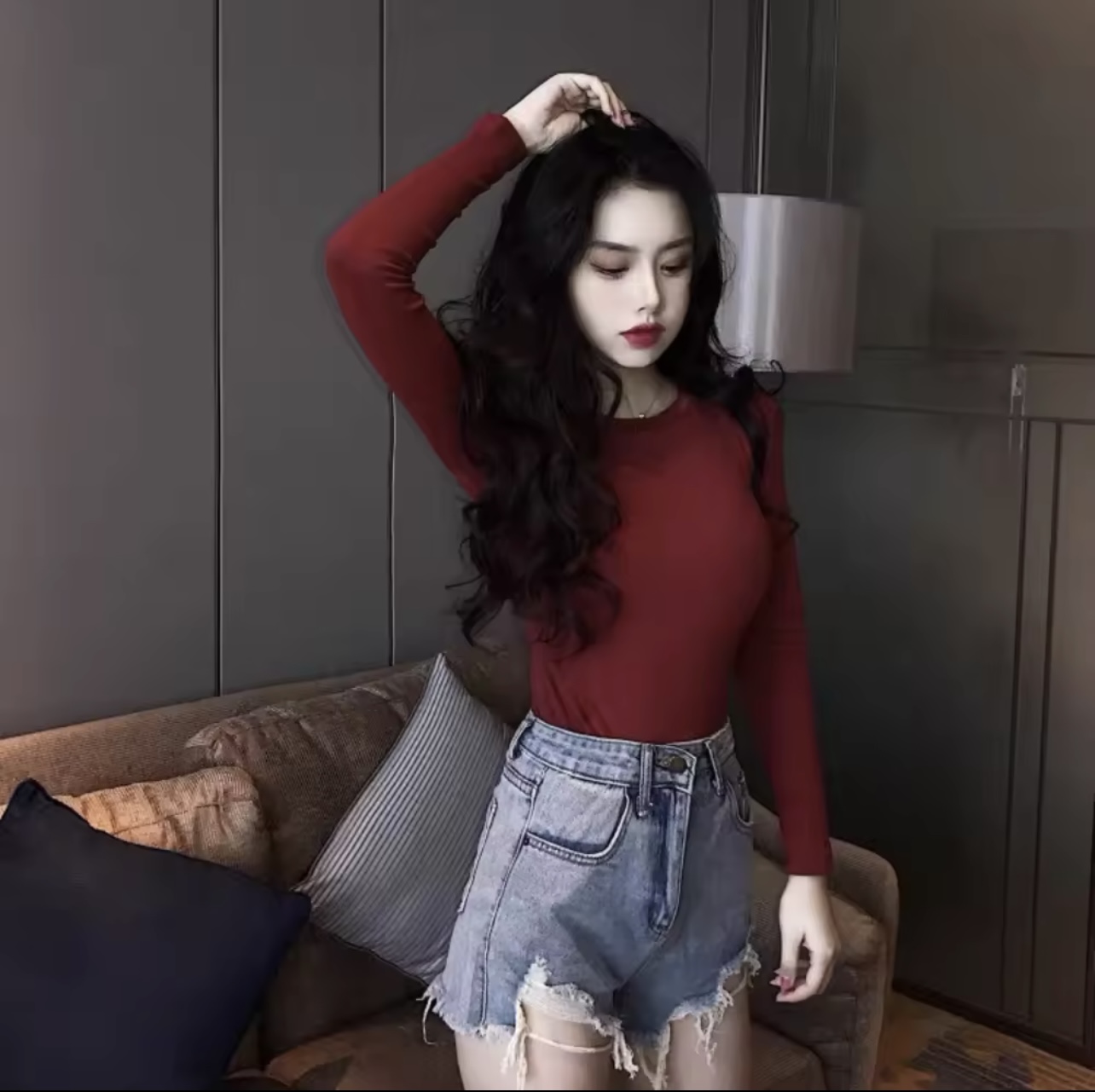 Áo Thun Nữ Áo Kiểu Nữ Cổ TRòn Tay Dài Vải Gân Co Giãn Tốt Ôm Body mềm mịn mát phối đồ siêu xinh đi cafe đi chơi đều xinh