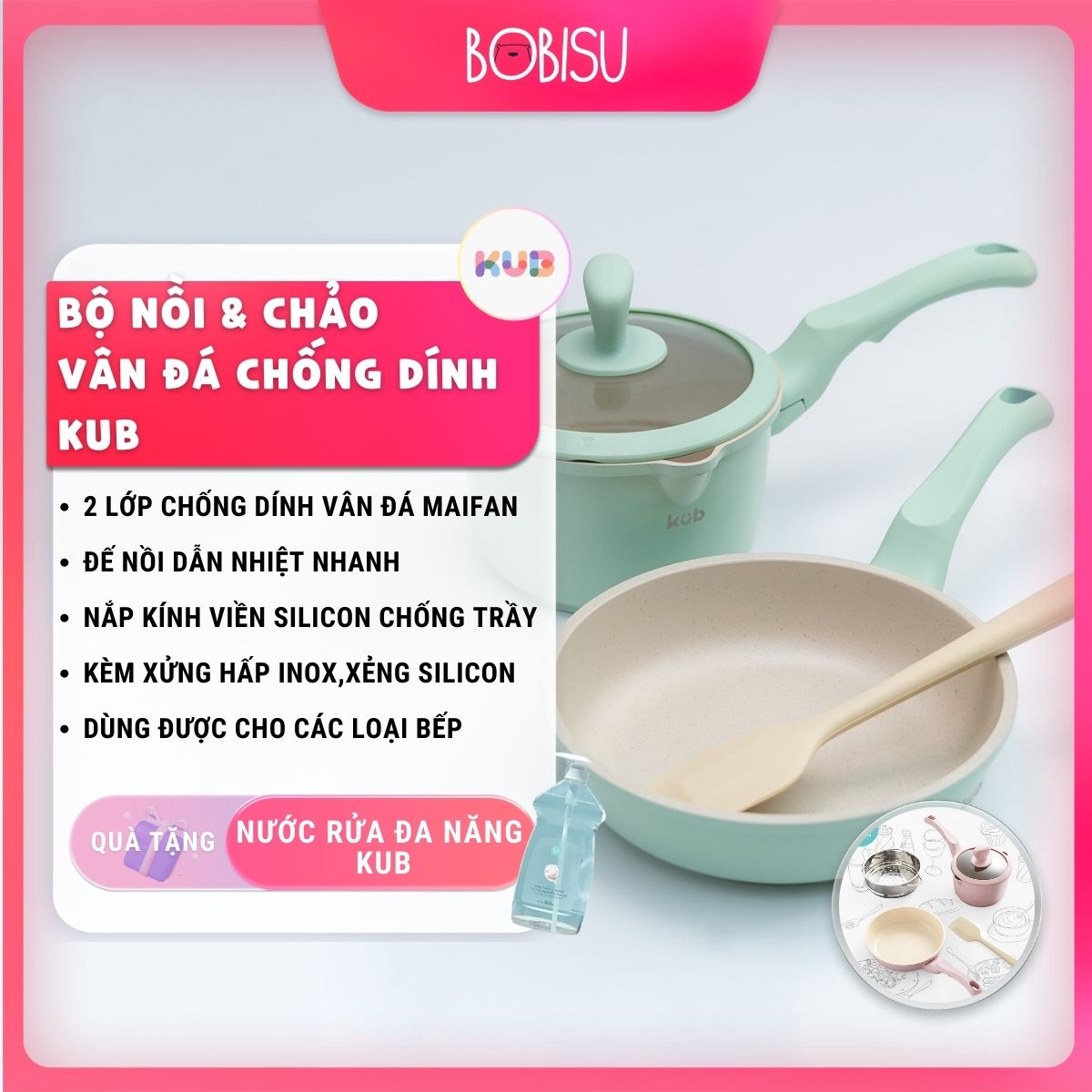 [Tặng nước rửa đa năng KUB] Bộ nồi & chảo vân đá maifan chống dính KUB (kèm xửng hấp)